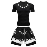 A set of black athletic wear, including a short sleeve compression shirt with a geometric number pattern and 2-in-1 shorts with a flame-like white design on the lower legs.