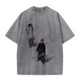 Gray t-shirt with black ink illustrations of a warrior and a ghost on a white background