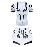 A set of white compression wear, including a short sleeve compression shirt with a geometric pattern and matching heavy mesh shorts with side hem pockets.