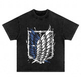A black short-sleeved t-shirt with a graphic design in white and blue resembling a stylized bird or feather.