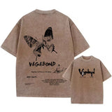 Brown t-shirt with black graphic design and 'Vagabond' text on a white background