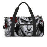 A gym bag with a character printed on the front, predominantly black color with red accents, featuring a shoulder strap and a zipper pocket on the front compartment.