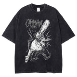 A black vintage t-shirt with a graphic print of a person with a chainsaw in white ink. The shirt has a relaxed fit with net seams and short sleeves.