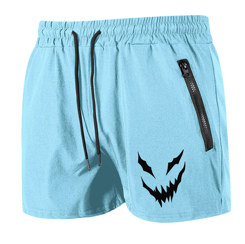 Light blue shorts with a black zipper pocket and graphic design on a white background