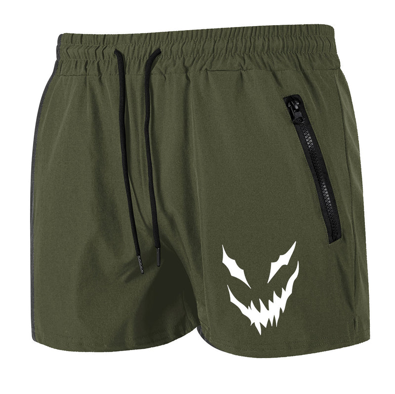 Green shorts with a white graphic design on a white background