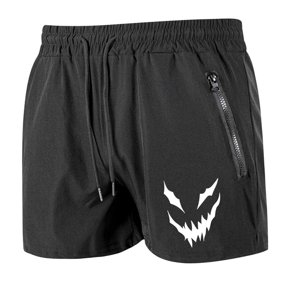 Black shorts with a white graphic design on a white background