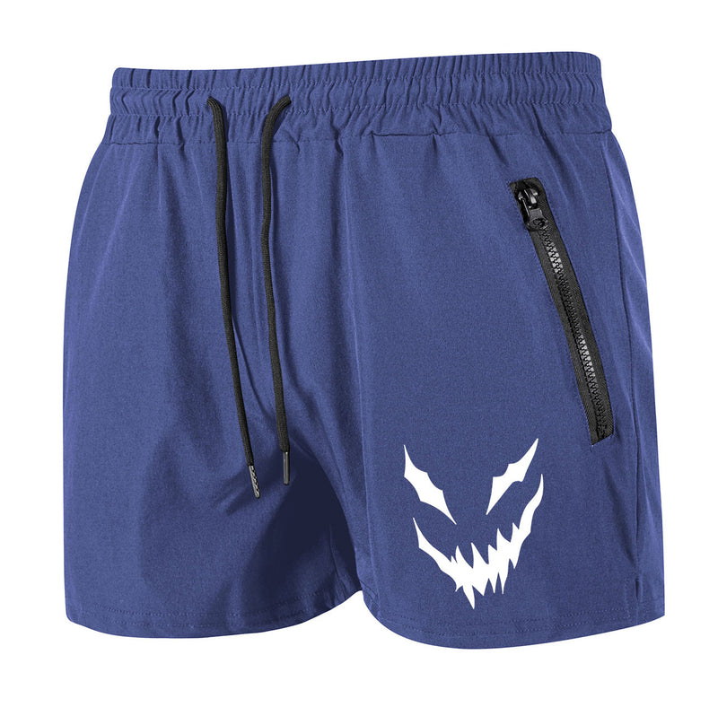 Blue shorts with a white graphic design on a white background