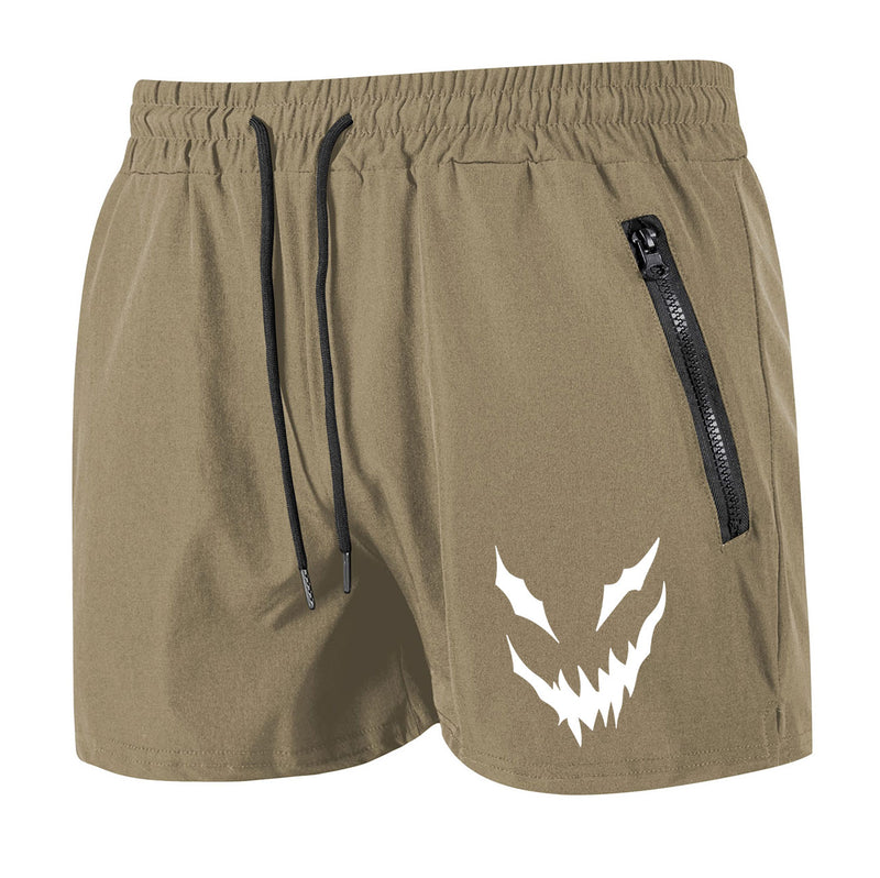 Khaki shorts with a white logo on a white background