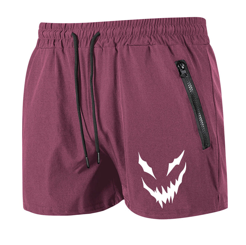 Maroon shorts with a white graphic design on a white background