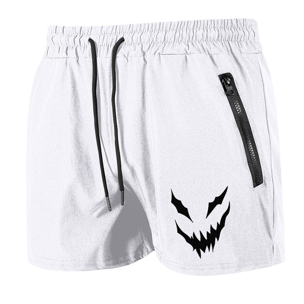 White shorts with a black logo on a white background