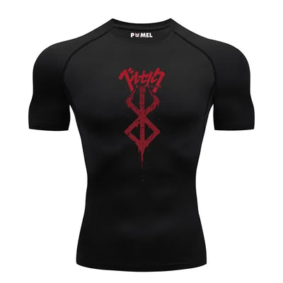 A black compression short sleeve shirt with a red printed design on the front.