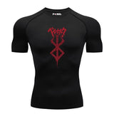 A black compression short sleeve shirt with a red printed design on the front.