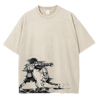 A beige vintage t-shirt with a black graphic print of two people engaging in a physical altercation.