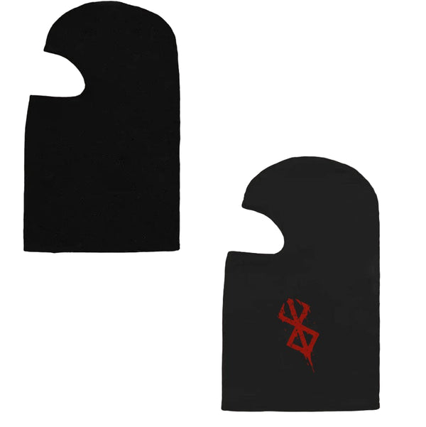 Two black balaclavas with a red logo on a white background