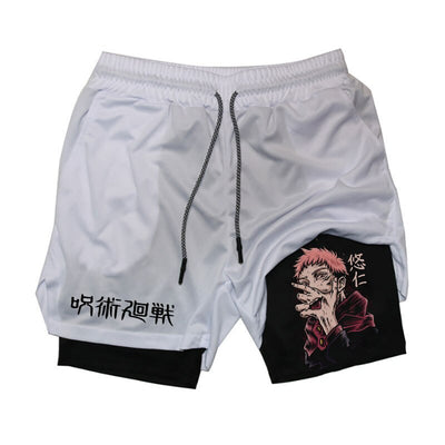 A pair of white performance shorts with a character design on the right leg, along with a drawstring waist and black trim.